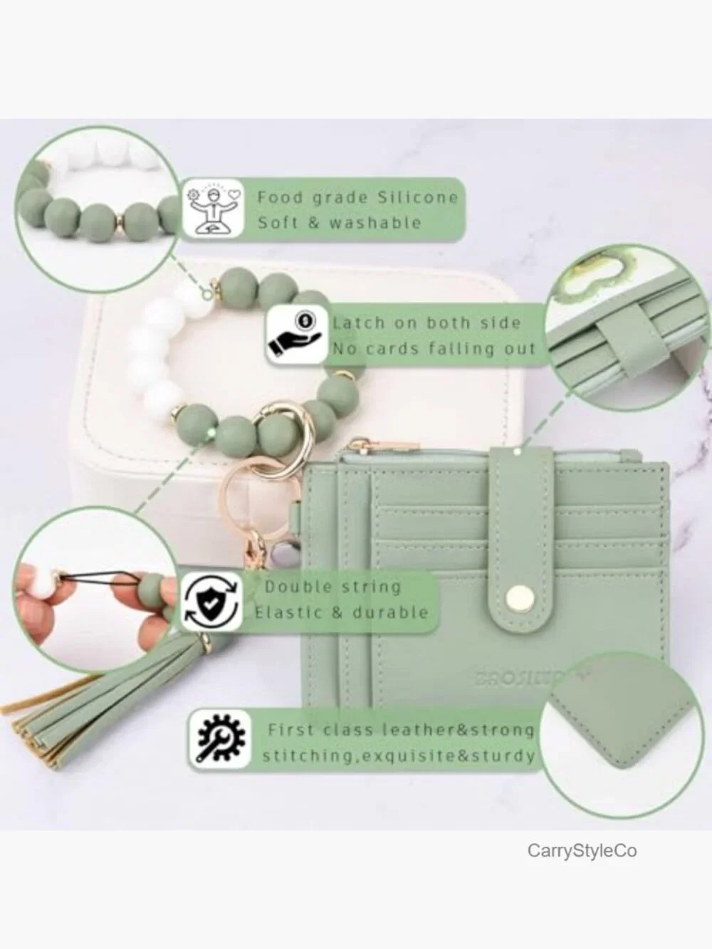 Silicone Beaded Keychain Wallet Wristlet Card Holder RFID Zipper Pocket